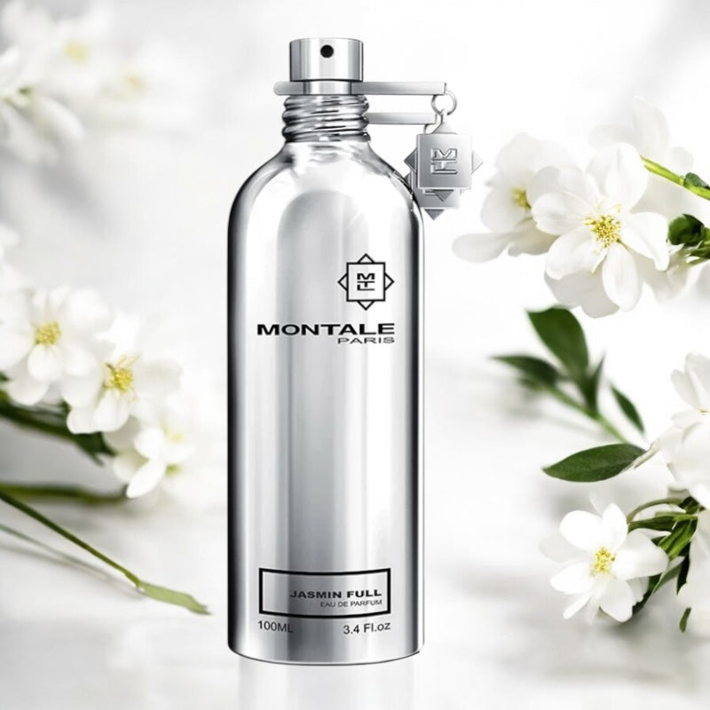 Close-up of a sample of Montale Jasmin Full, highlighting its deep white floral notes and fresh citrus accents for a luminous and sensual scent.
