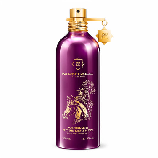 A decant of Montale Arabians Rose Leather, a bold leather and rose fragrance with oud, sandalwood, and black musk, available in perfume samples.