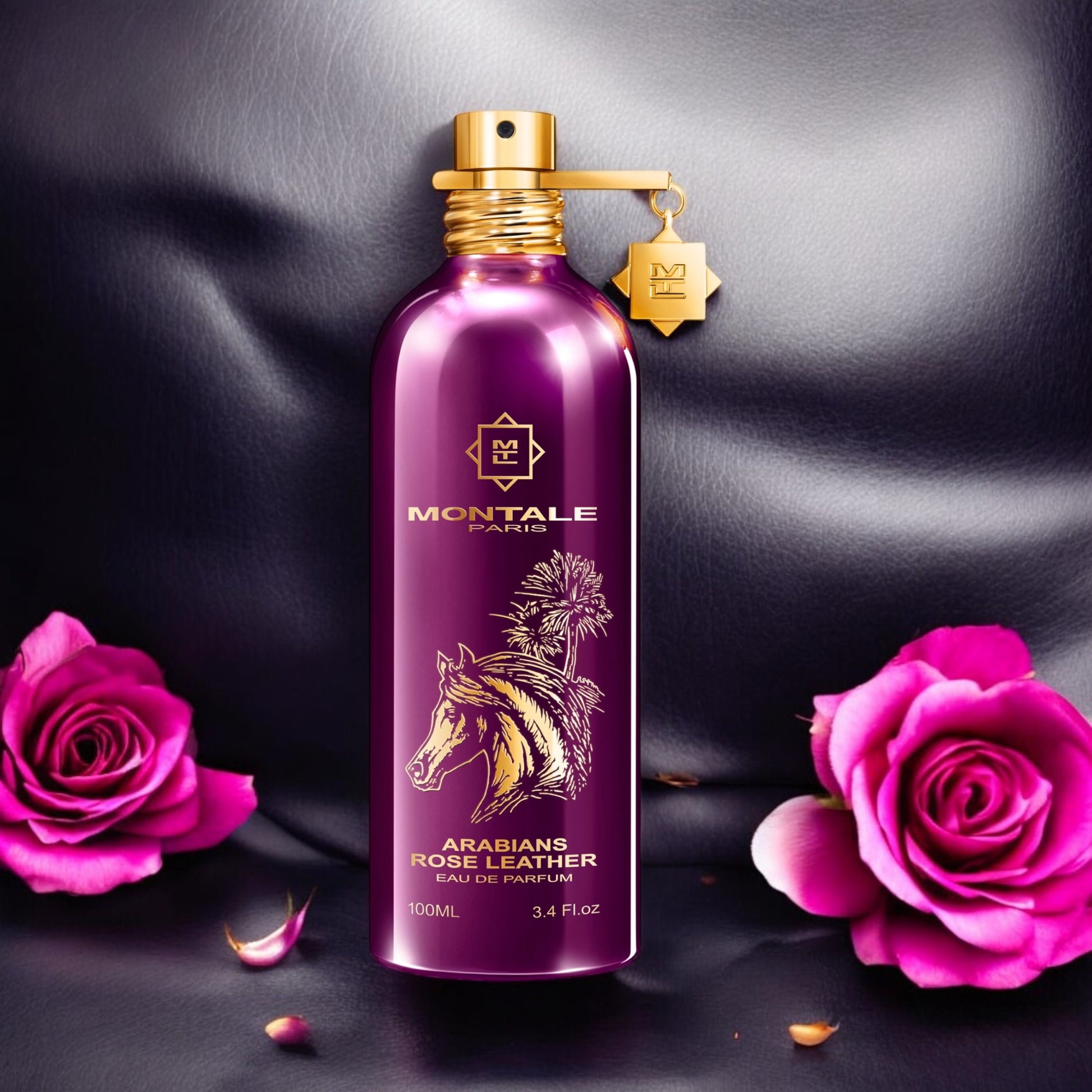 Close-up of a fragrance sample of Arabians Rose Leather, showcasing its rich blend of black leather, Taif rose, and deep woody notes for an intense, sensual scent.