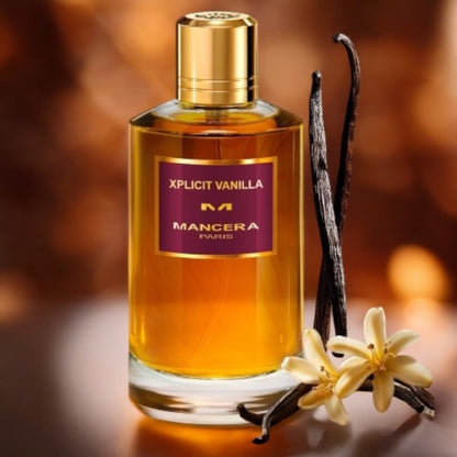 Close-up of a fragrance sample of Xplicit Vanilla, highlighting its rich blend of Mexican vanilla, brown sugar, and amber for a deep, warm scent.