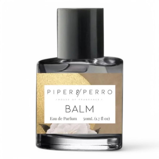 A decant of Piper & Perro Balm, a tropical fragrance with pink pepper, night-blooming sampaquita, and milky sandalwood, available in perfume samples and decants.