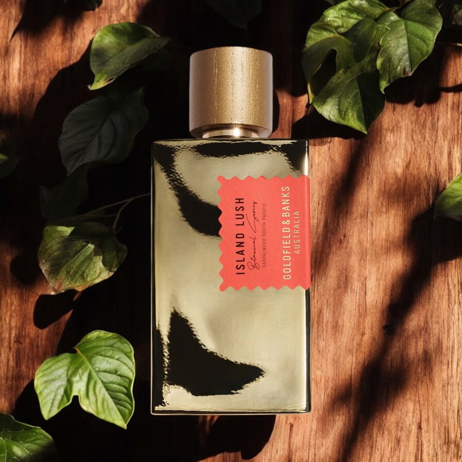 Fragrance sample of Island Lush by Goldfield & Banks, highlighting its spicy, woody character with ginger, nutmeg, and tropical sandalwood.