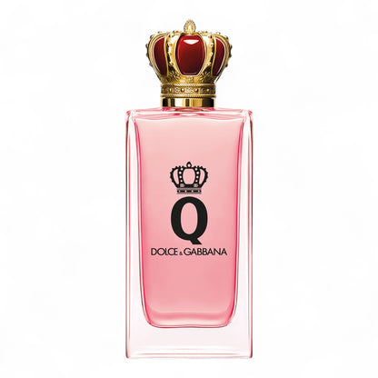 A close-up of Dolce & Gabbana Q perfume sample with fruity cherry and lemon notes, soft floral heart, and woody musky base, perfect for fragrance lovers.