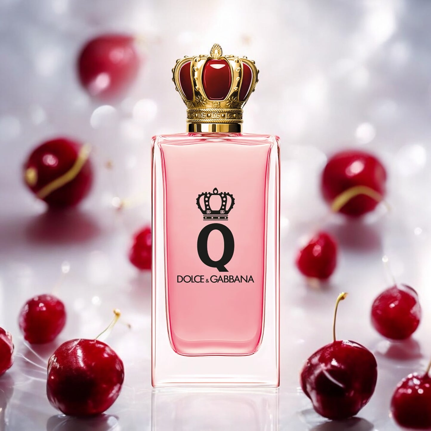 A decant bottle of Q by Dolce & Gabbana with scent profile highlights - citrus, cherry, musk - ideal for trying out perfume samples or buying in smaller sizes.