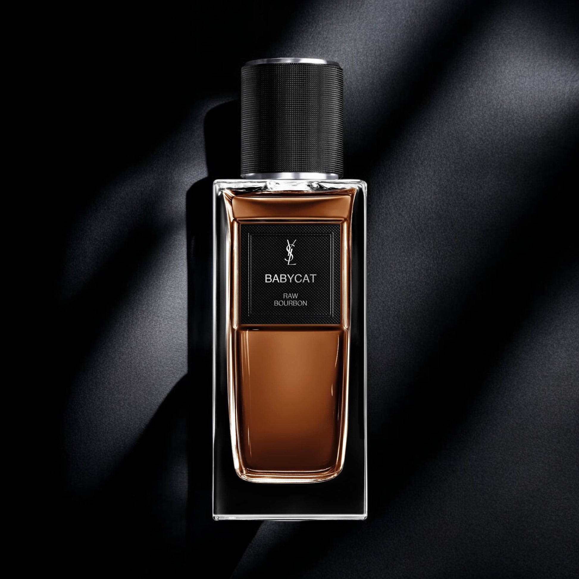 Close-up of a fragrance sample of Babycat Raw Bourbon, showcasing its bold blend of Bourbon vanilla, pepper, suede, and smoky resins.