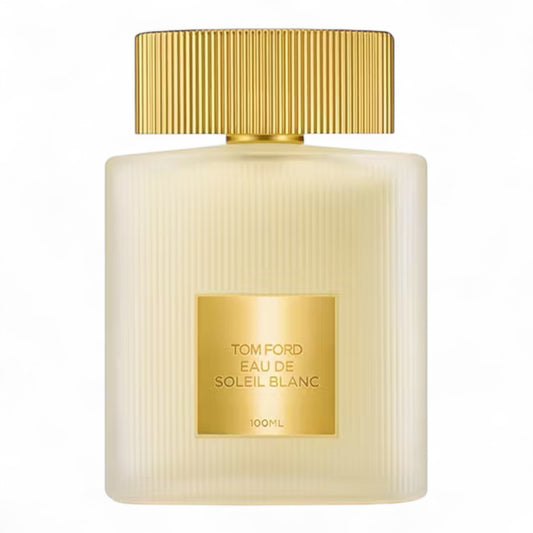 A decant of Tom Ford Eau de Soleil Blanc 2025, a citrus floral fragrance with pistachio, tuberose, and coco de mer, available in perfume samples and splits.