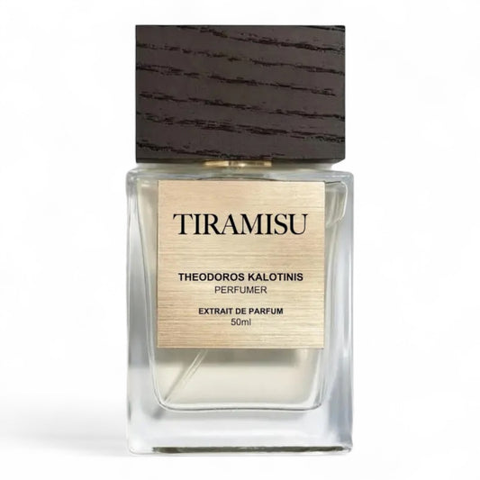 A decant of Theodoros Kalotinis Tiramisu, a rich gourmand perfume with espresso, cocoa, and mascarpone, available in fragrance samples.