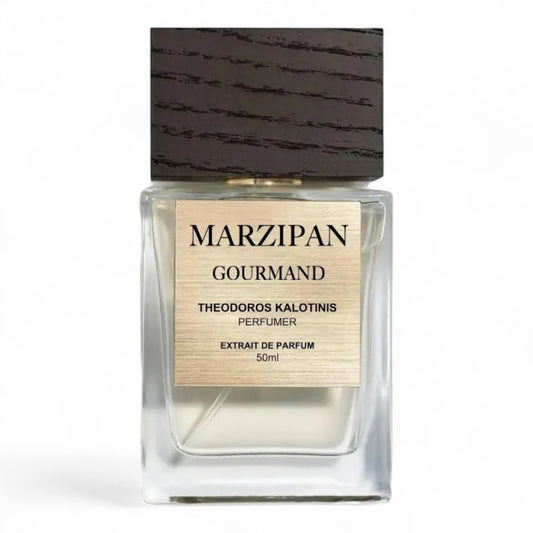 A decant of Theodoros Kalotinis Marzipan Gourmand, a sweet almond perfume with marzipan and toasted marshmallow, available in fragrance samples.