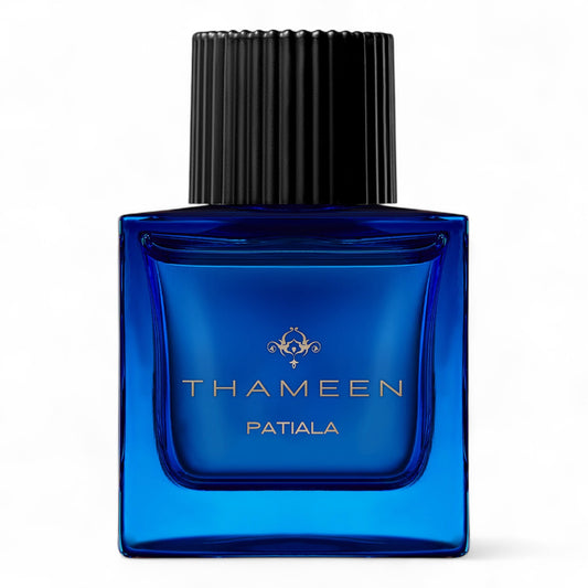 A decant of Thameen Patiala, a floral chypre fragrance with orange blossom, rose, and musk, available in fragrance samples.