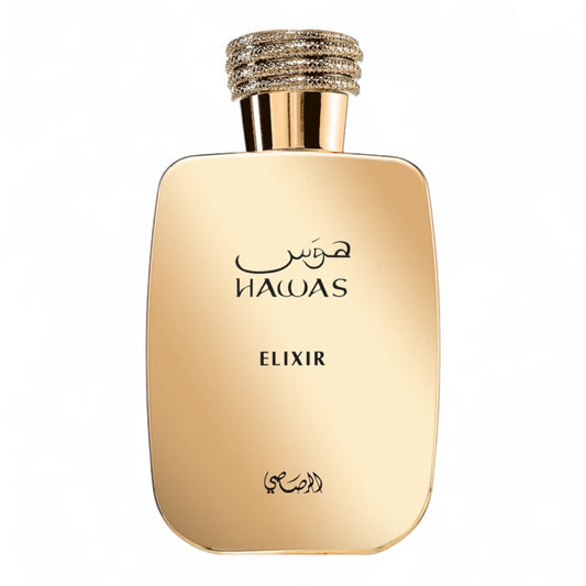 A decant of Rasasi Hawas Elixir, an aromatic gourmand fragrance with spearmint, dark chocolate, and vanilla, available in fragrance samples.