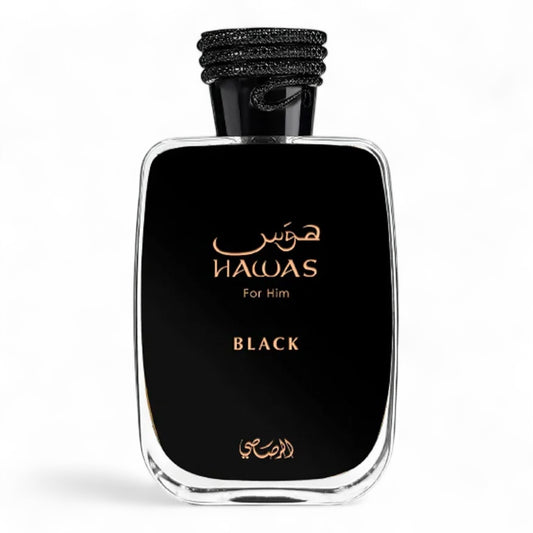 A decant of Rasasi Hawas Black, a woody aromatic fragrance with pineapple, patchouli, and oakmoss, available in fragrance samples.