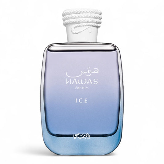 Rasasi Hawas Ice perfume sample with frozen apple, icy marine accord, and crystal moss notes, available in decants.