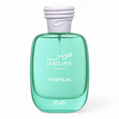 Rasasi Hawas Tropical perfume sample – vibrant coconut and fig scent for men.