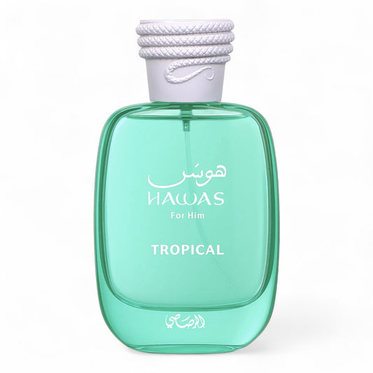 Rasasi Hawas Tropical perfume sample – vibrant coconut and fig scent for men.