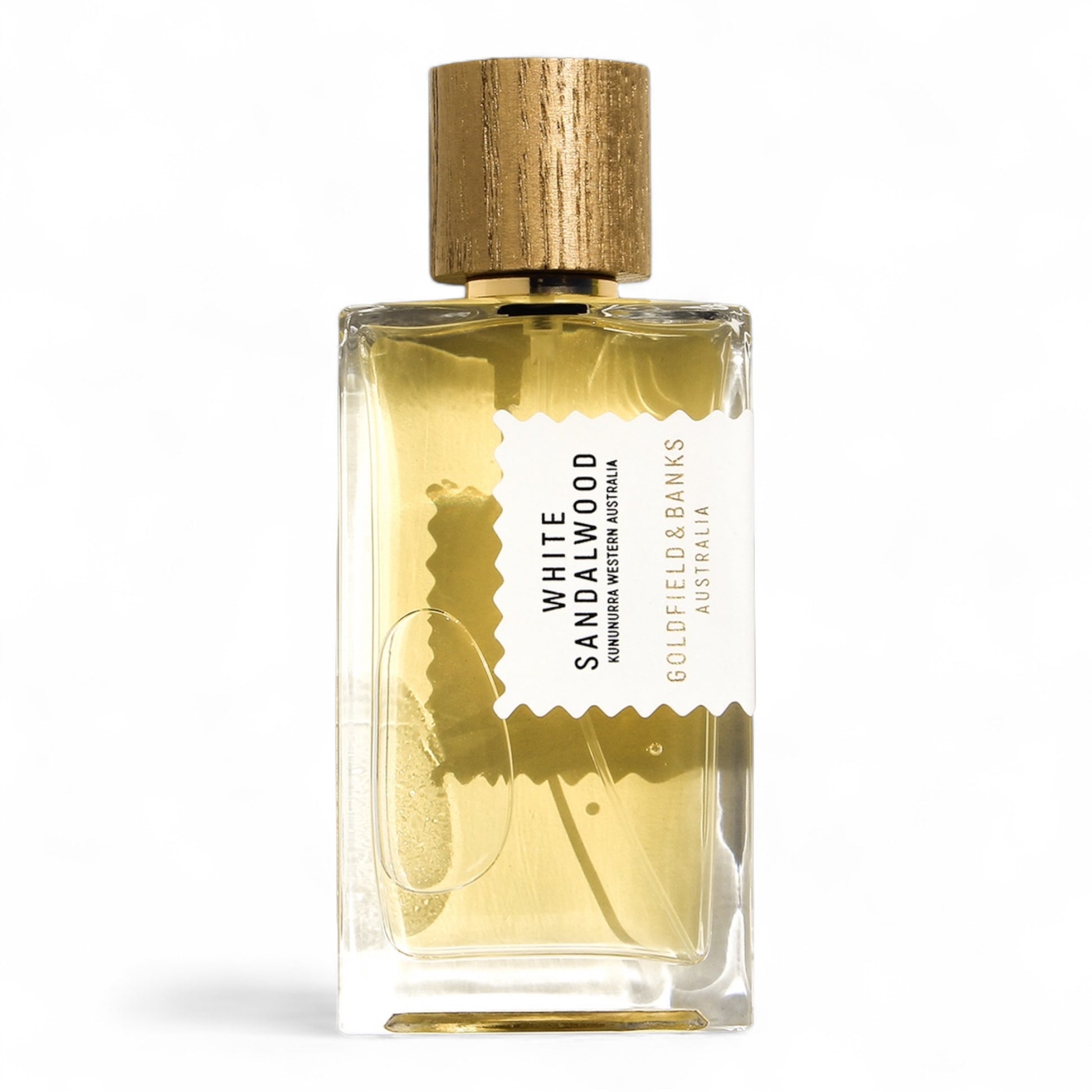 A sample of Goldfield & Banks White Sandalwood, a floral woody fragrance with saffron, rose, and creamy sandalwood, available as perfume decants and testers.