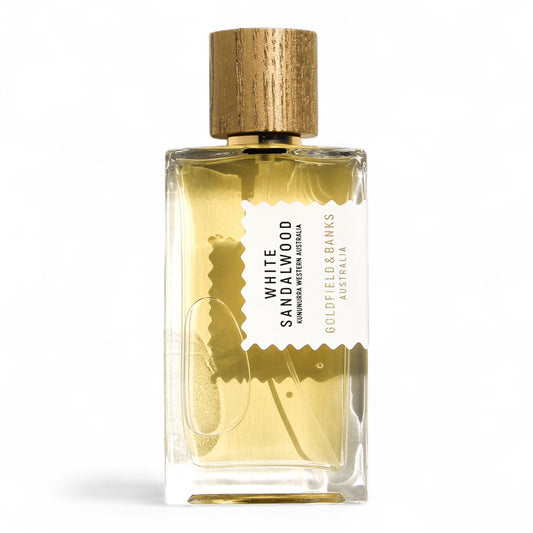 A sample of Goldfield & Banks White Sandalwood, a floral woody fragrance with saffron, rose, and creamy sandalwood, available as perfume decants and testers.
