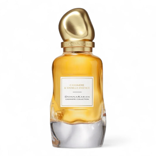 A sample of Donna Karan Cashmere & Vanilla Essence, a cozy gourmand musk fragrance with vanilla, jasmine, and sandalwood, available in perfume decants and testers.
