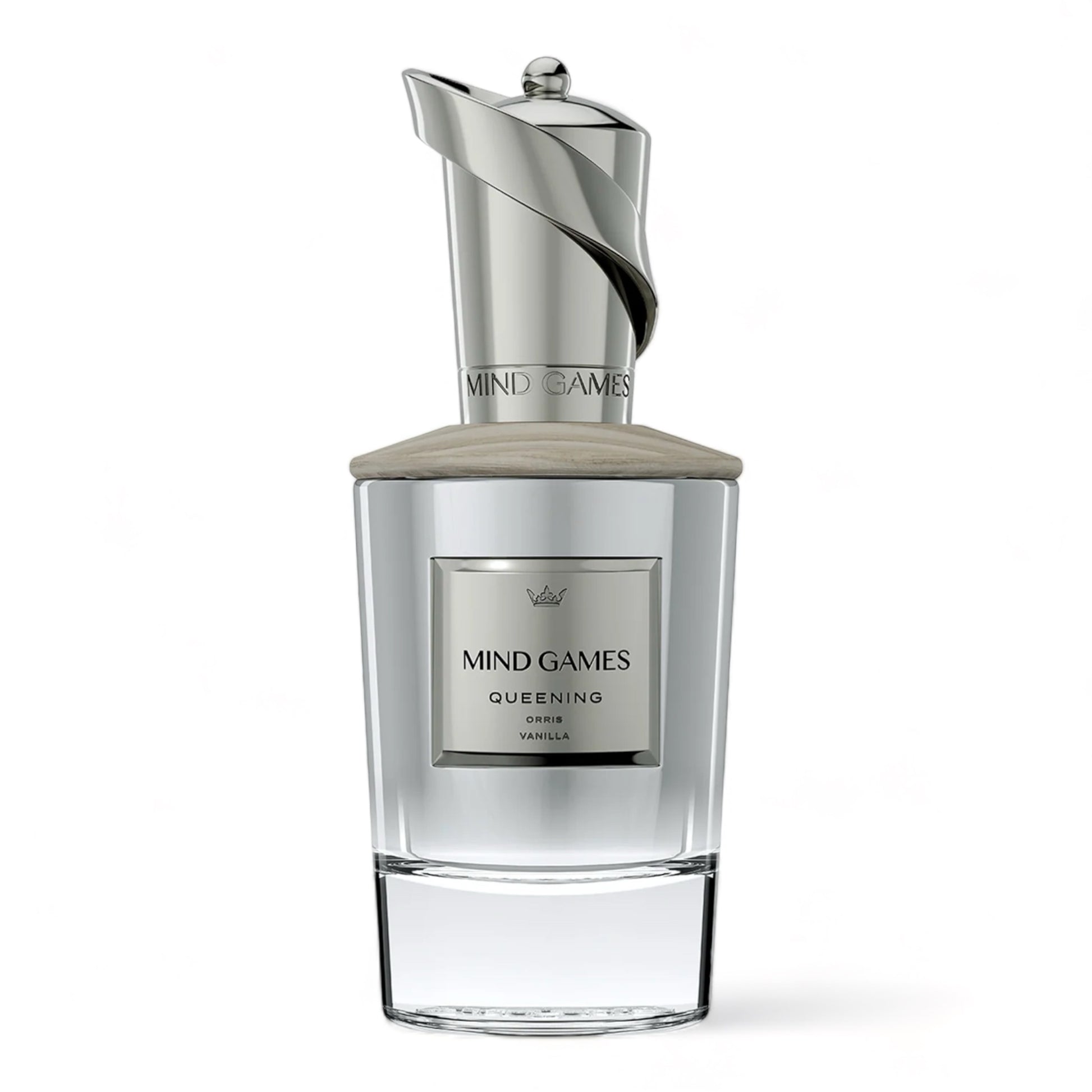 A decant of Mind Games Queening, a regal vanilla rum fragrance with orris, saffron, and coconut, available in perfume samples