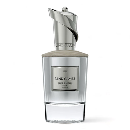 A decant of Mind Games Queening, a regal vanilla rum fragrance with orris, saffron, and coconut, available in perfume samples