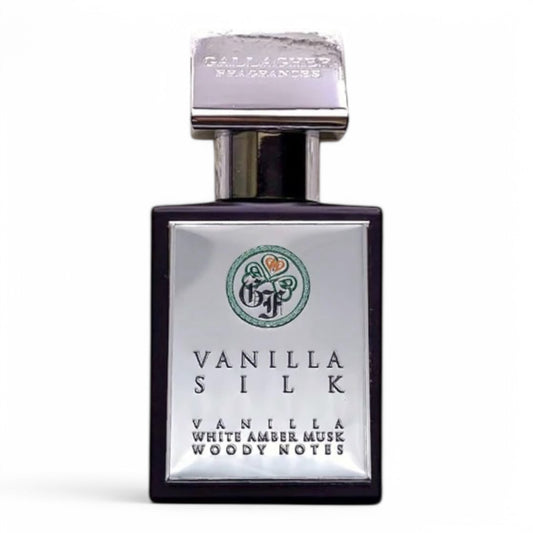 A perfume sample of Vanilla Silk, a warm and creamy fragrance with vanilla, white amber musk, and woody notes, available in decants and testers.