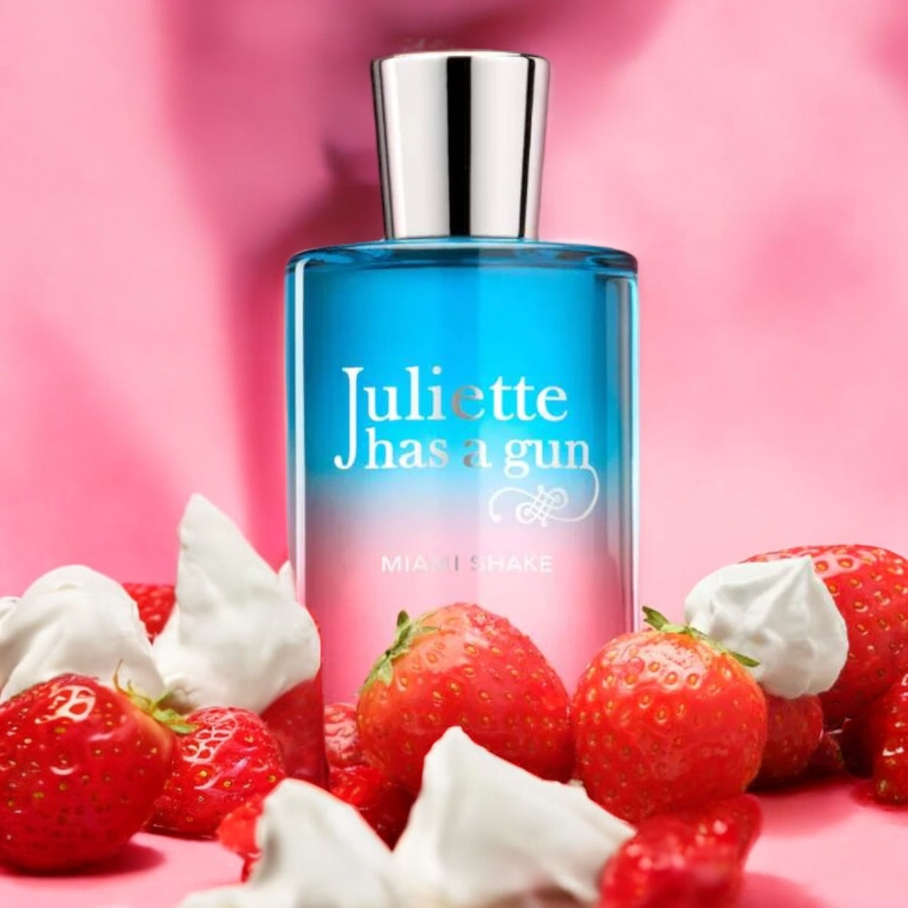 Close-up of a Miami Shake fragrance sample, showcasing its fruity and creamy blend of wild strawberries, ice cream cone, and soft vanilla musk.