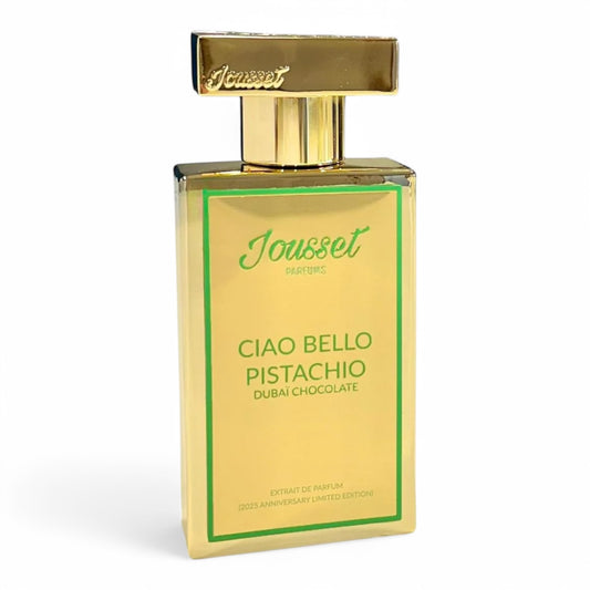 A perfume sample of Jousset Ciao Bello Pistachio Dubaï Chocolate, a rich gourmand fragrance with notes of pistachio cream, honey, and milk chocolate, available in decants and samples.