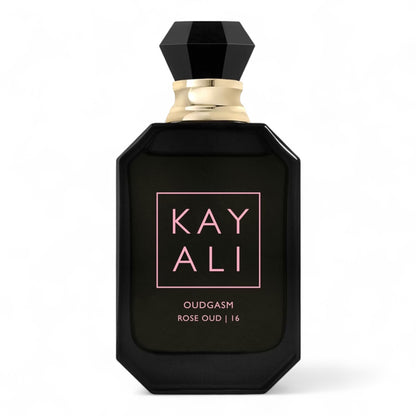 A sample of Kayali Oudgasm Rose Oud | 16, a rich rose and oud fragrance with pear, vanilla, and cashmere wood, available in decants.