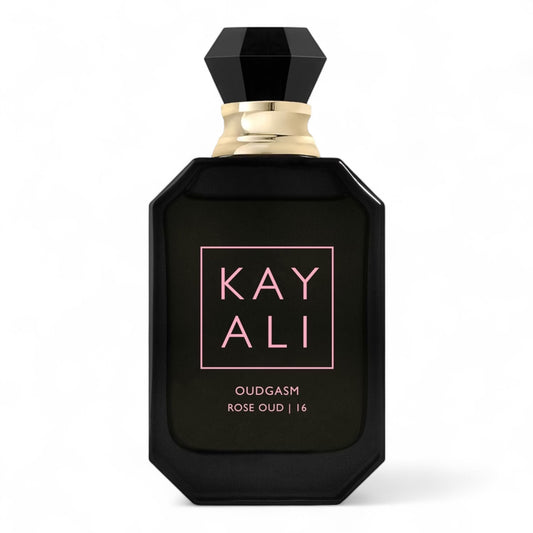 A sample of Kayali Oudgasm Rose Oud | 16, a rich rose and oud fragrance with pear, vanilla, and cashmere wood, available in decants.