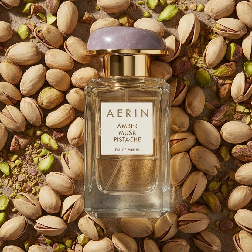AERIN Amber Musk Pistache styled with pistachios