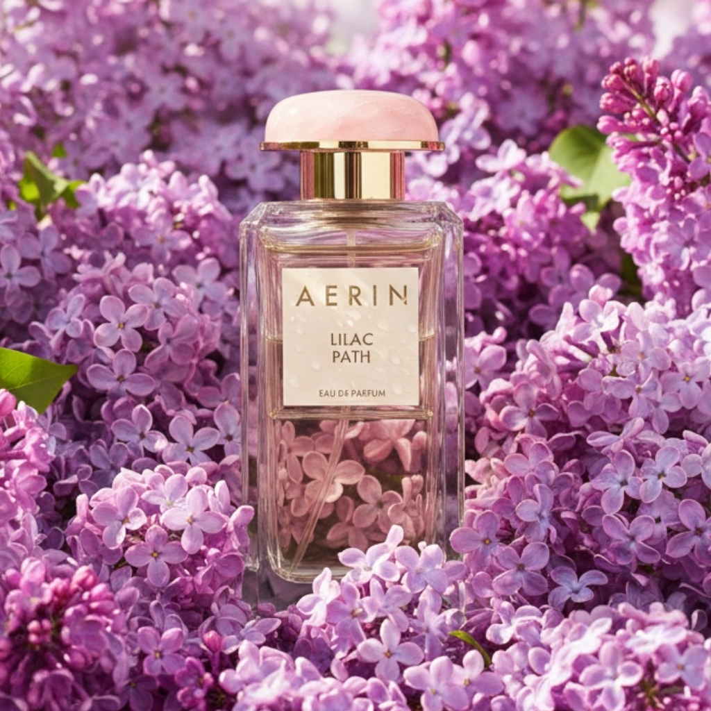 Aerin Lilac Path perfume styled with lilac blossoms and fresh spring flowers