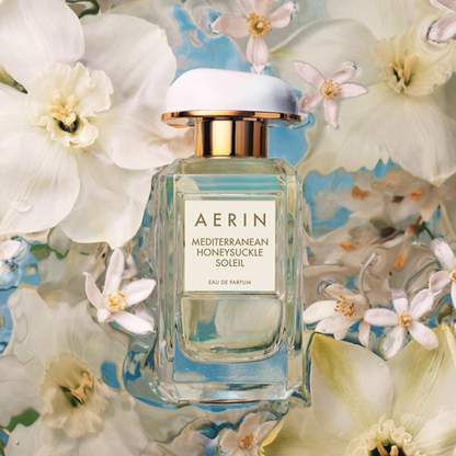 Aerin Mediterranean Honeysuckle Soleil perfume styled in a bright coastal setting
