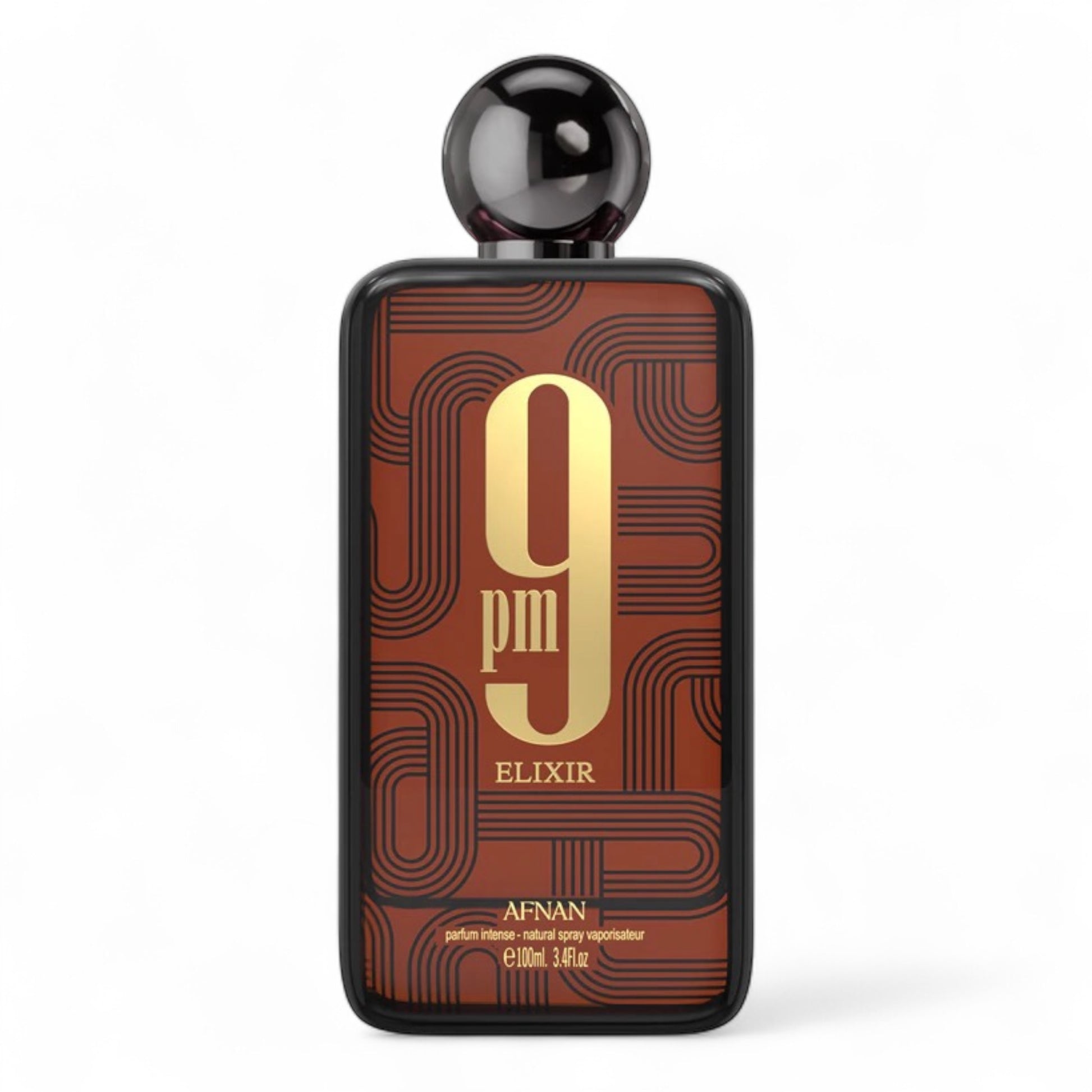 Afnan 9PM Elixir fragrance sample - spicy leather and vanilla perfume in 100ml bottle.