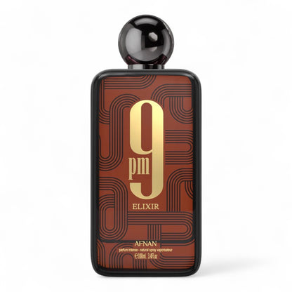Afnan 9PM Elixir fragrance sample - spicy leather and vanilla perfume in 100ml bottle.