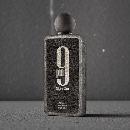 Afnan 9PM Night Out perfume styled for an evening, night-out setting