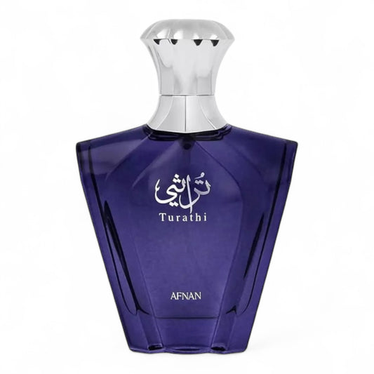 Afnan Turathi Blue fragrance sample - citrus and woody amber perfume in 90ml full-size bottle.