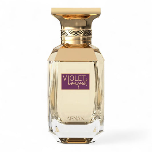 Afnan Violet Bouquet fragrance sample - airy saffron and caramel sugar perfume in 100ml bottle.