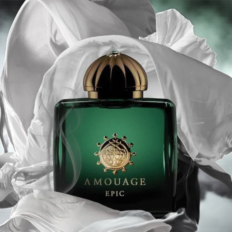 Amouage Epic Woman perfume sample – rose, oud and amber notes styled in a rich, oriental-inspired setting.