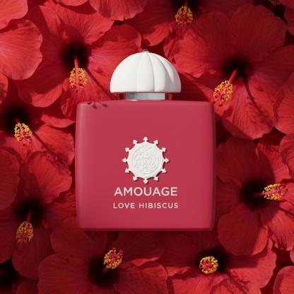 Amouage Love Hibiscus perfume styled with hibiscus flowers and tropical notes