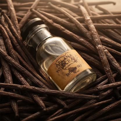 Arcana Wildcraft Infinite Sky perfume styled on French vanilla pods