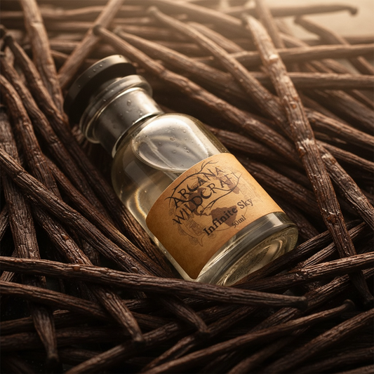 Arcana Wildcraft Infinite Sky perfume styled on French vanilla pods