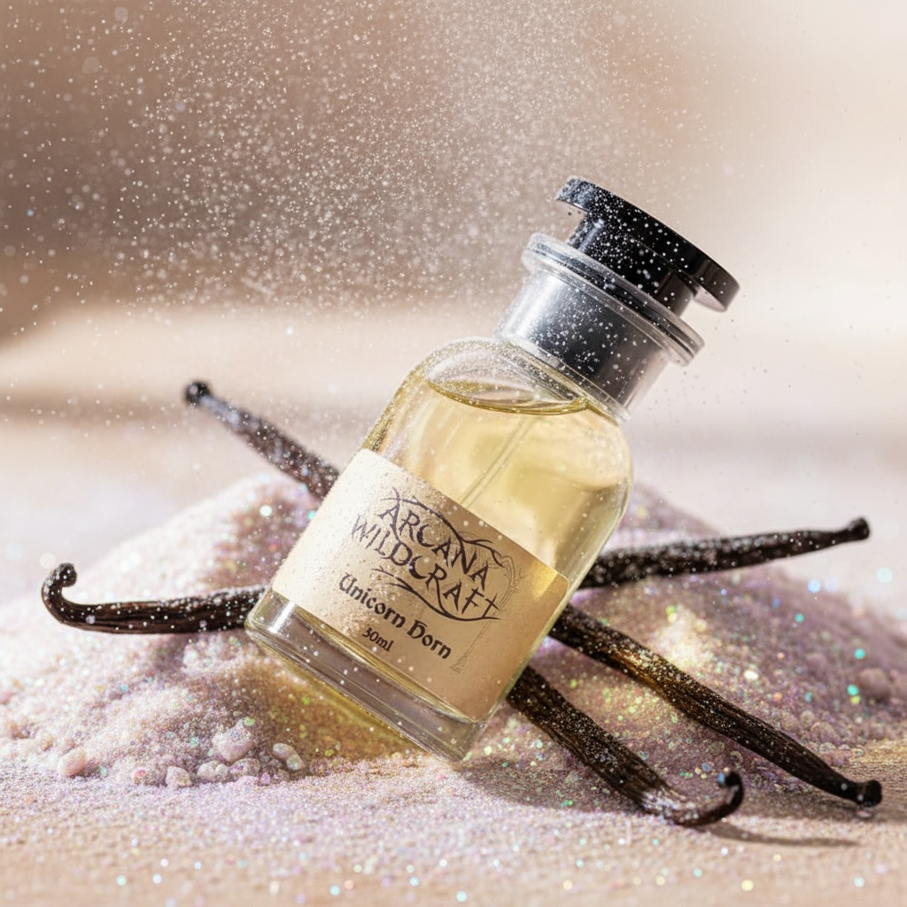 Arcana Wildcraft Unicorn Horn perfume styled in a magical, powdery setting