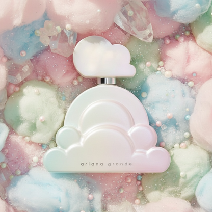 Ariana Grande cloud-shaped perfume bottle in a pastel iridescent finish, surrounded by fluffy cotton candy, crystals, and pastel beads.