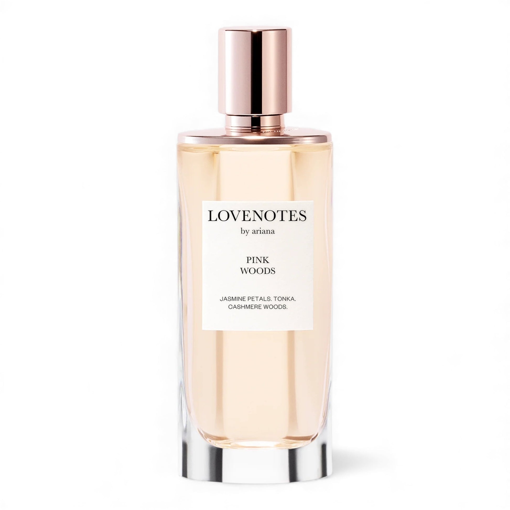 Ariana Grande Lovenotes Pink Woods fragrance sample – retail bottle shown for decanting into 1ml–10ml perfume samples.