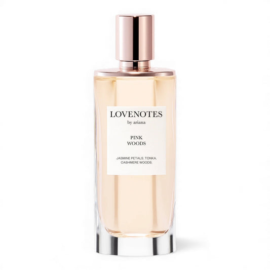 Ariana Grande Lovenotes Pink Woods fragrance sample – retail bottle shown for decanting into 1ml–10ml perfume samples.