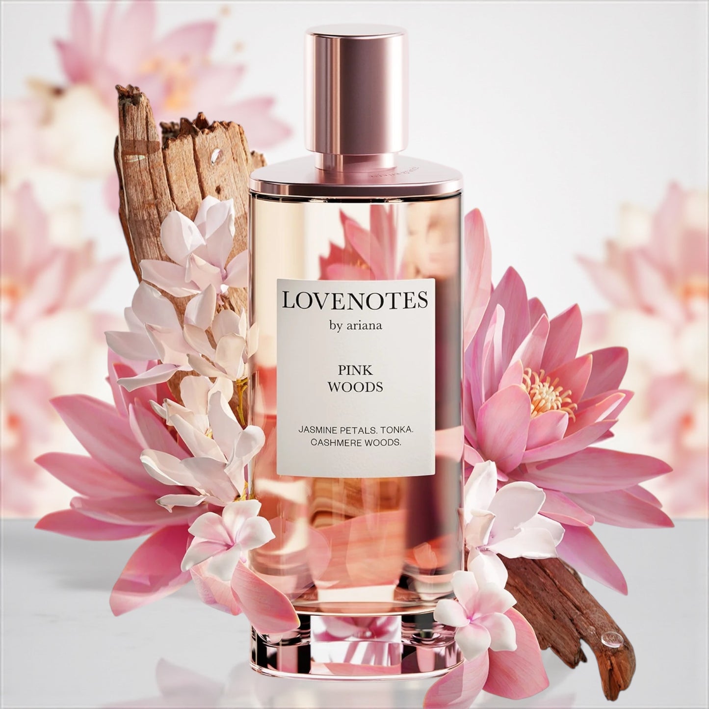 Ariana Grande Lovenotes Pink Woods perfume sample – soft cotton candy and wood fragrance with blush pink aesthetic.