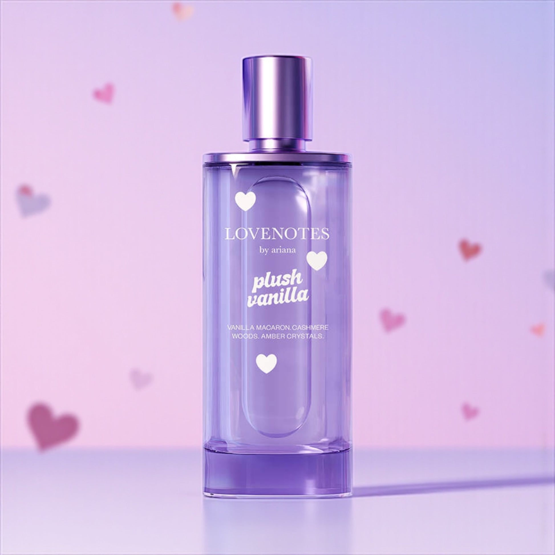 Ariana Grande Lovenotes Plush Vanilla perfume sample – warm vanilla macaron and amber fragrance with cozy, sweet undertones.