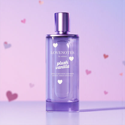Ariana Grande Lovenotes Plush Vanilla perfume sample – warm vanilla macaron and amber fragrance with cozy, sweet undertones.