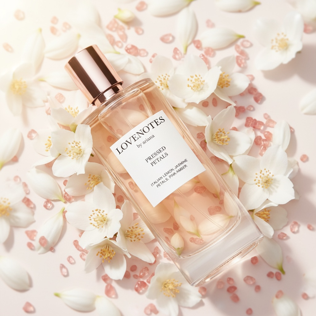 Ariana Grande Pressed Petals perfume styled in a soft, romantic floral setting