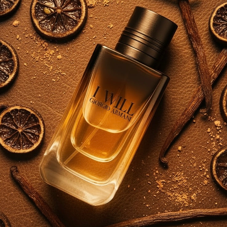 Armani I Will styled with Calabrian bergamot, dark vanilla and woody leather accents