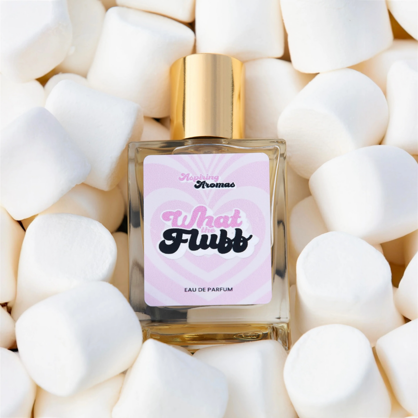 Aspiring Aromas What the Fluff perfume sample – sweet marshmallow and vanilla fragrance in a playful, creamy setting.